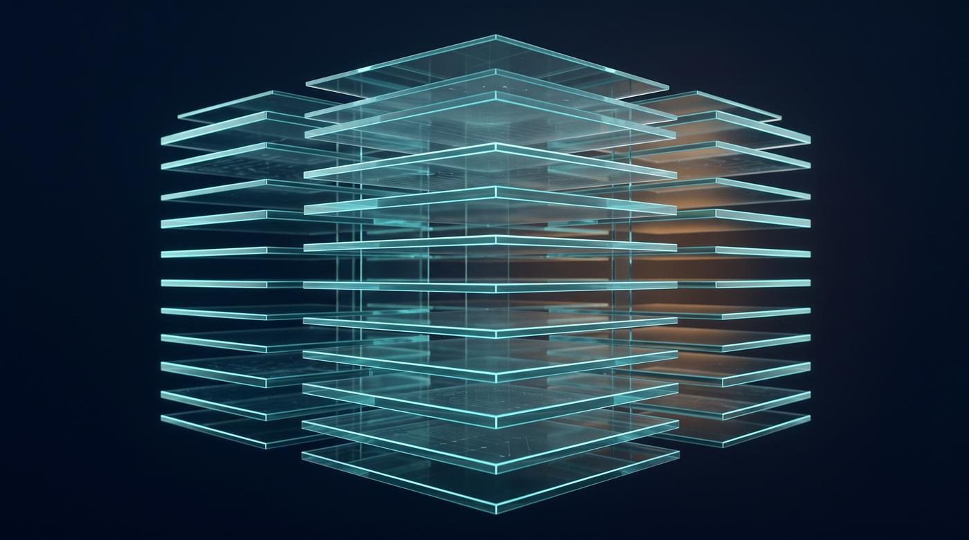 Abstract visualization of a layered Microsoft Fabric lakehouse architecture